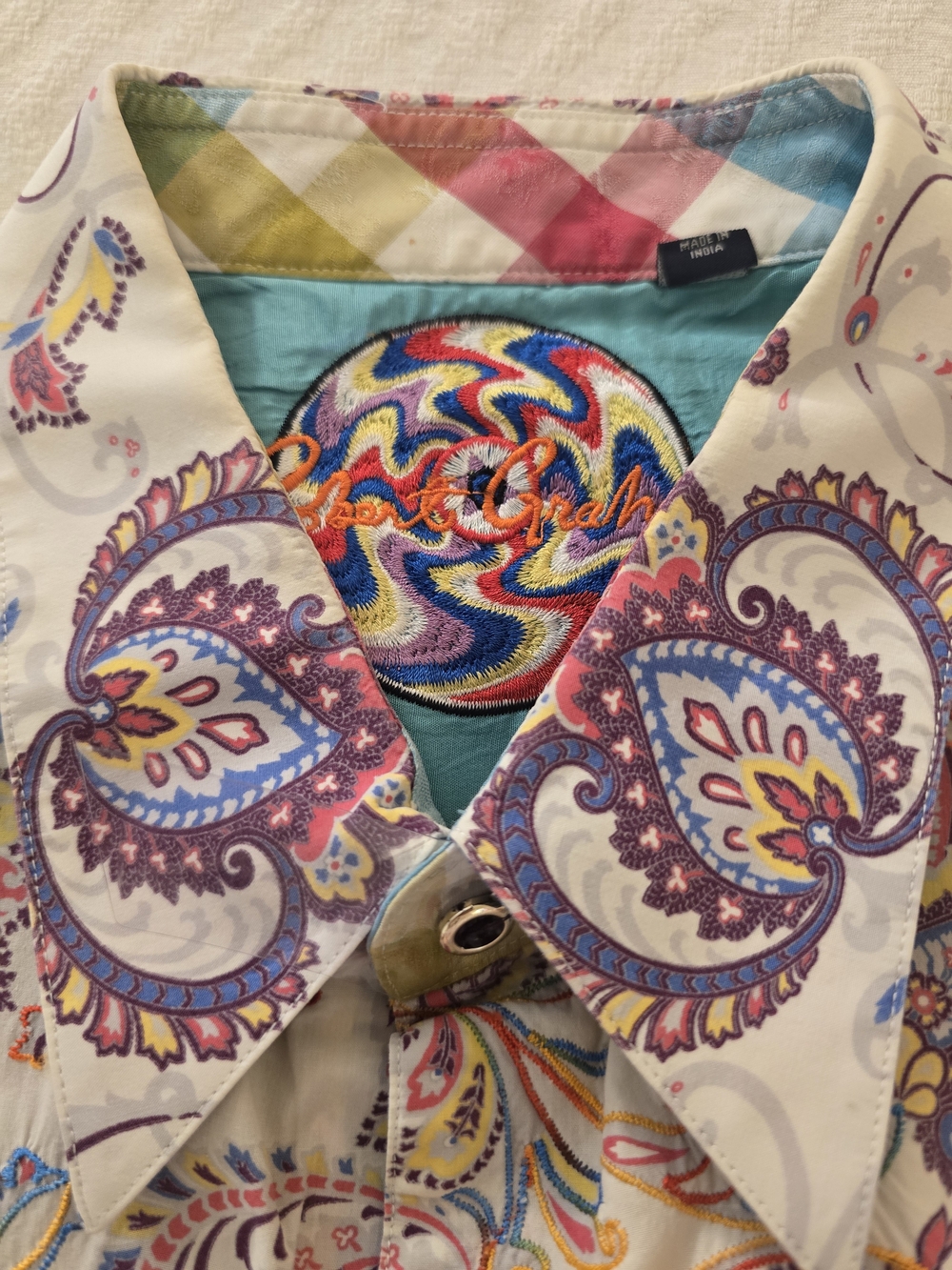 Robert Graham White Button-Down Shirt with Blue, Purple, Pink, Yellow Paisley - Picture 2 of 3